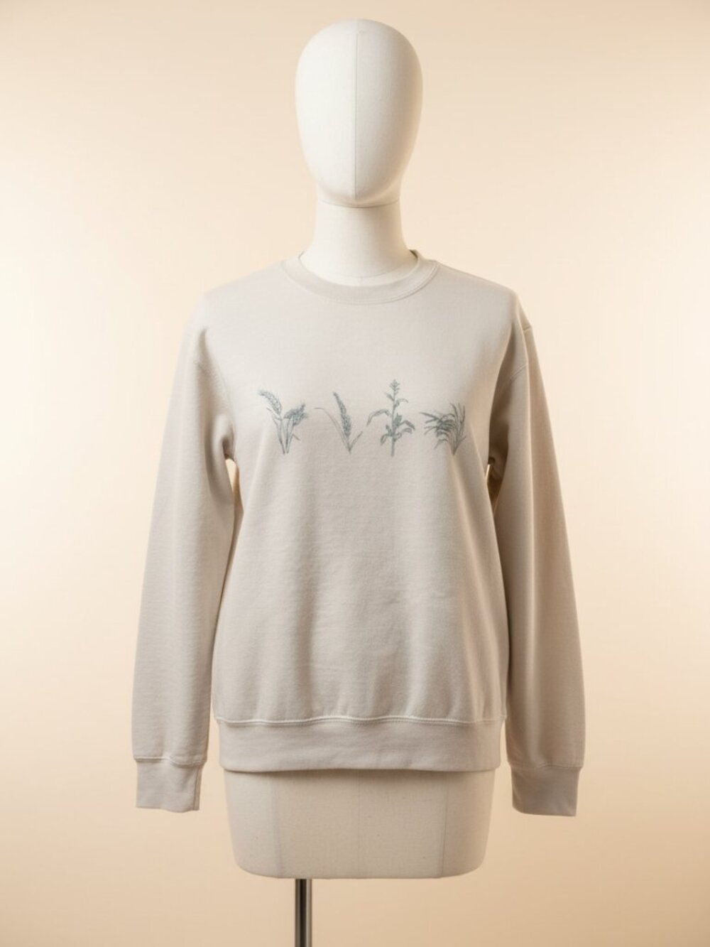 Gildan Heavy Blend Sand Crewneck Sweatshirt | Botanical Wildgrass Print | Size S